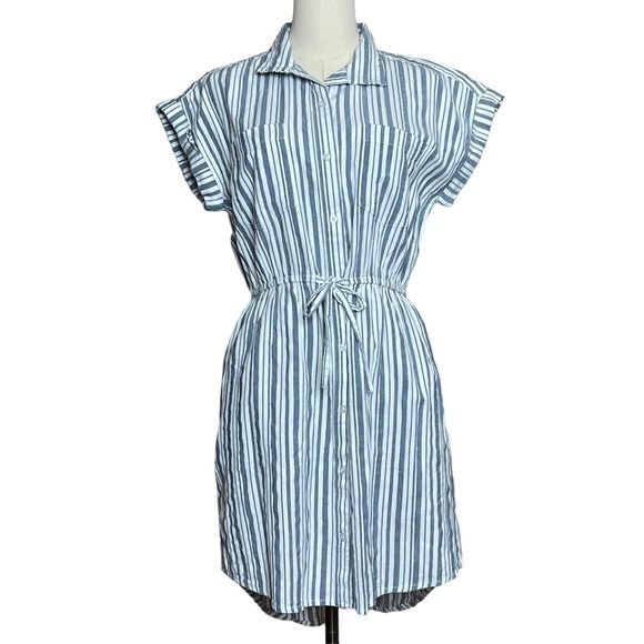 Japna Striped 100% Cotton Button Up Mini Shirt Dress Pockets Collared Size M - Picture 2 of 10